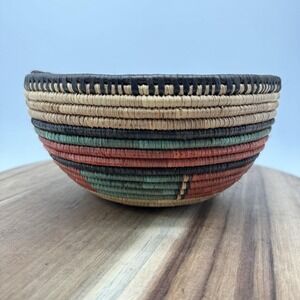 Woven Hausa African Tribal Coiled Basket Bowl 9" Hand Crafted Natural Boho EUC
